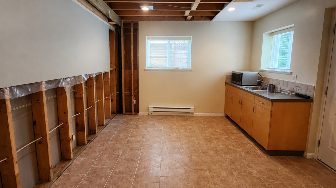 Basement kitchen before — gutted to the studs